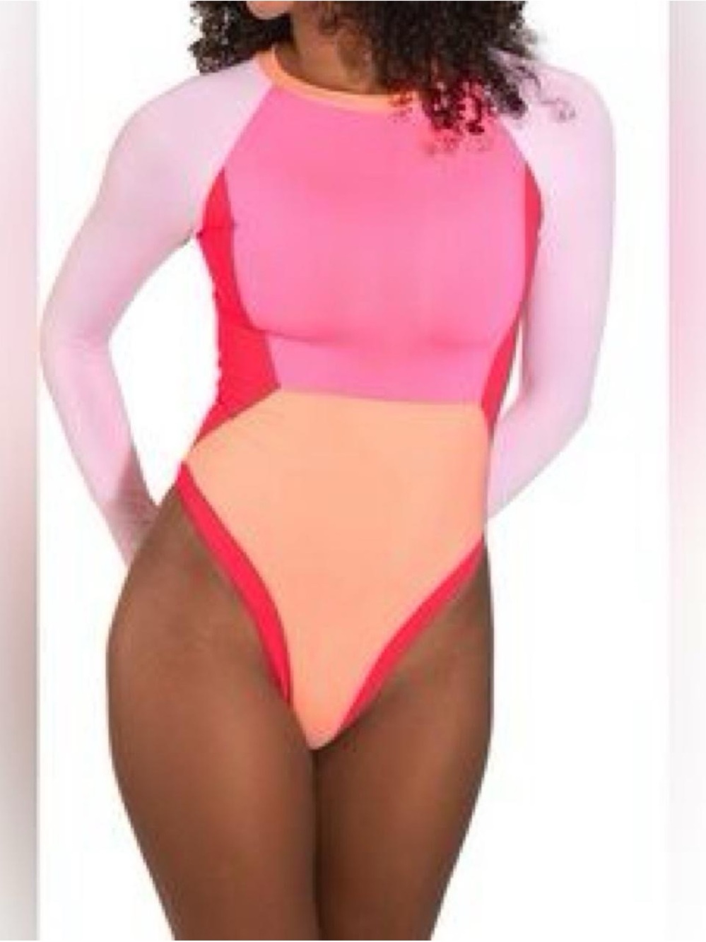 Colorblock Long-Sleeve One-Piece Swimsuit - Pink & Peach